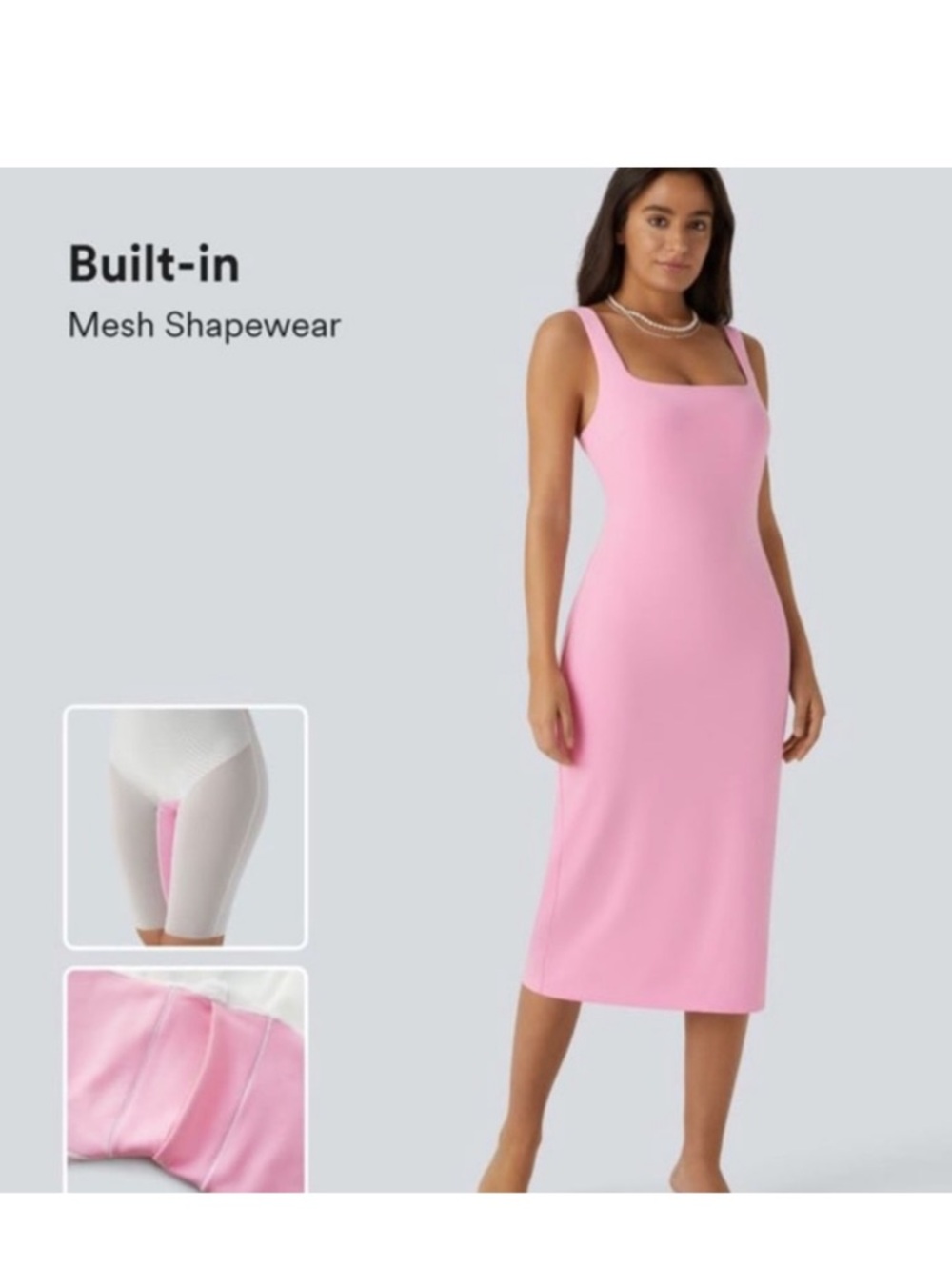 HALARA Pink Square-Neck Midi Dress with Built-In Mesh Shapewear